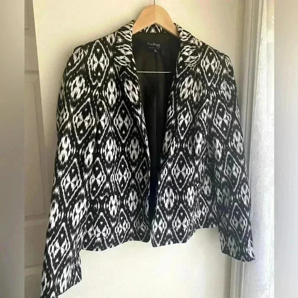 Evan Picone Open Front Blazer Ikat Black White Jacket 12P 12 Petite Cotton Women - Picture 1 of 6